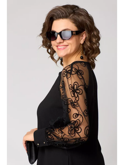 Ravelle | Elegant Black Dress with Lace Sleeves