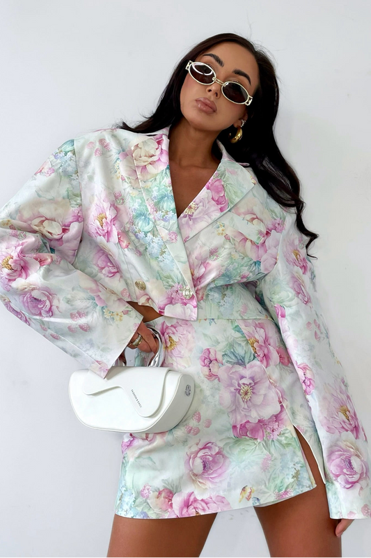 Fleur | Floral Blazer &amp; Mid-Waist Pants Set – Long Sleeves