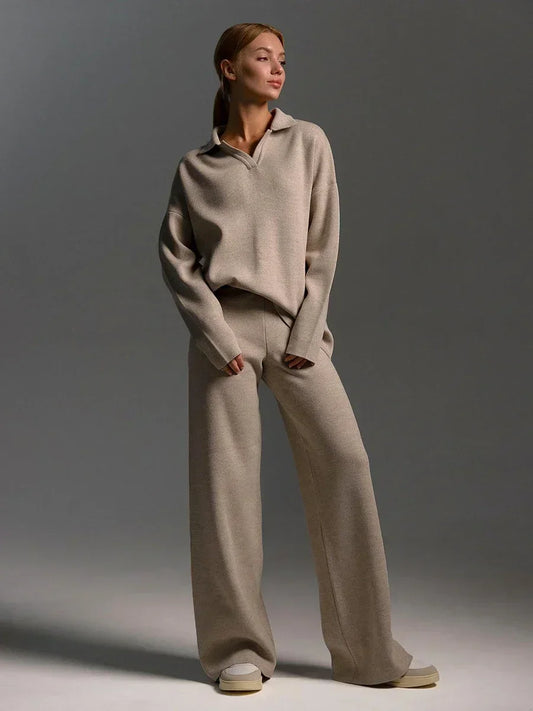 Yara | Warm Knitted Set with Turtleneck &amp; Wide Pants – 2-piece 